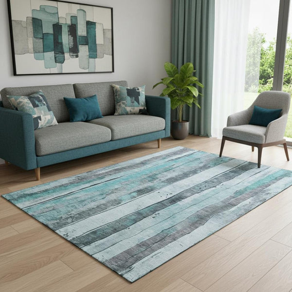 HomeRoots 5' X 8' Striped Teal and Gray Washable Area Rug with UV Protection for Family-Friendly Spaces 706483