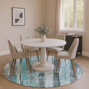 HomeRoots 8' Teal and Gray Striped Round Rug – Stylish, Washable, UV-Protected, Stain-Resistant for Any Space 706484
