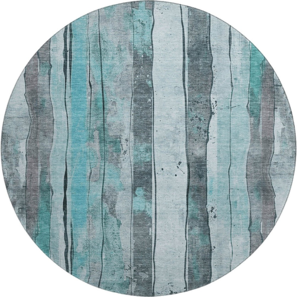 HomeRoots 8' Teal and Gray Striped Round Rug – Stylish, Washable, UV-Protected, Stain-Resistant for Any Space 706484