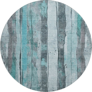 HomeRoots 8' Teal and Gray Striped Round Rug – Stylish, Washable, UV-Protected, Stain-Resistant for Any Space 706484