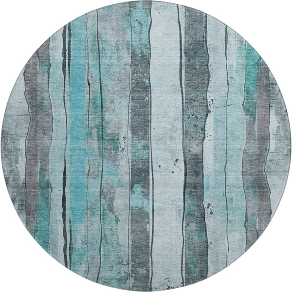 HomeRoots 8' Teal and Gray Striped Round Rug – Stylish, Washable, UV-Protected, Stain-Resistant for Any Space 706484
