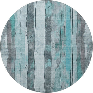 HomeRoots 8' Teal and Gray Striped Round Rug – Stylish, Washable, UV-Protected, Stain-Resistant for Any Space 706484