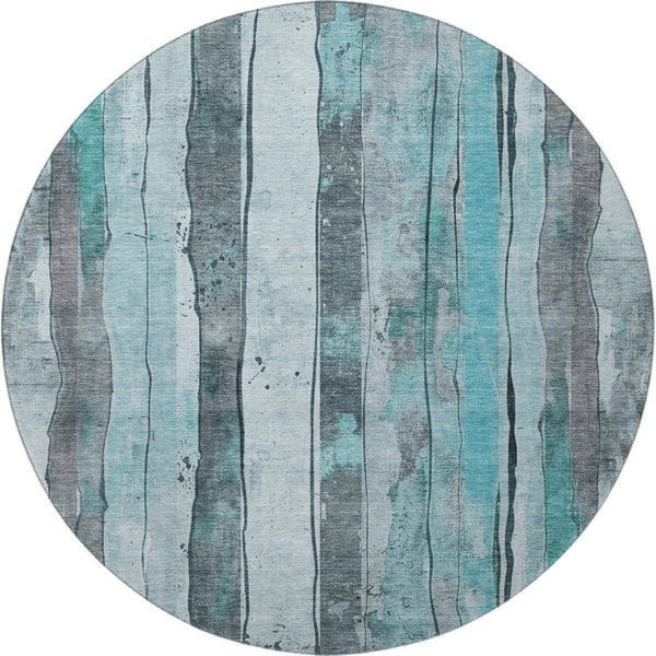 HomeRoots 8' Teal and Gray Striped Round Rug – Stylish, Washable, UV-Protected, Stain-Resistant for Any Space 706484