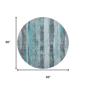 HomeRoots 8' Teal and Gray Striped Round Rug – Stylish, Washable, UV-Protected, Stain-Resistant for Any Space 706484