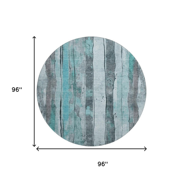HomeRoots 8' Teal and Gray Striped Round Rug – Stylish, Washable, UV-Protected, Stain-Resistant for Any Space 706484