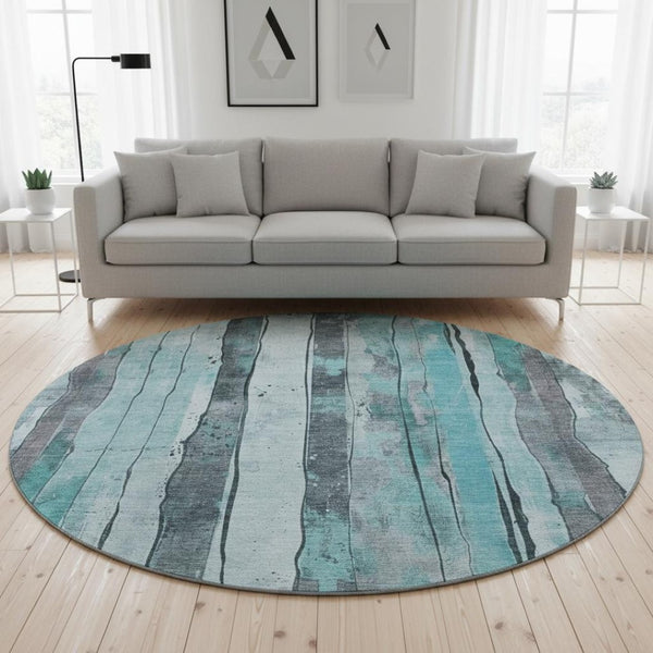 HomeRoots 8' Teal and Gray Striped Round Rug – Stylish, Washable, UV-Protected, Stain-Resistant for Any Space 706484