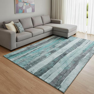 HomeRoots 8' X 10' Stylish Teal & Gray Striped Washable Area Rug with UV Protection for Modern Spaces 706485