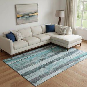 HomeRoots 9' X 12' Stylish Teal & Gray Striped Area Rug – Washable, UV Protected, Ideal for Family Spaces! 706486