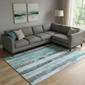 HomeRoots 10' Teal and Gray Striped Area Rug - Washable, UV-Protected, Durable for Busy Homes & Modern Spaces 706487