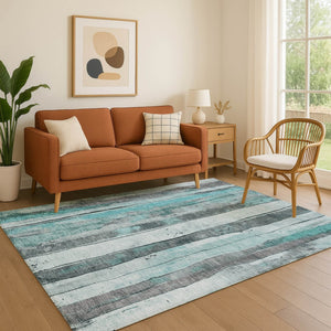 HomeRoots 10' Teal and Gray Striped Area Rug - Washable, UV-Protected, Durable for Busy Homes & Modern Spaces 706487