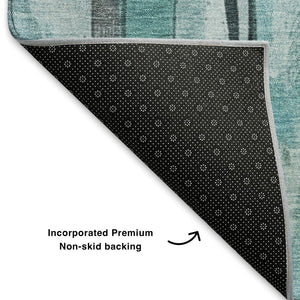HomeRoots 10' Teal and Gray Striped Area Rug - Washable, UV-Protected, Durable for Busy Homes & Modern Spaces 706487