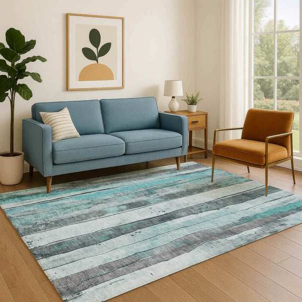 HomeRoots 10' Teal and Gray Striped Area Rug - Washable, UV-Protected, Durable for Busy Homes & Modern Spaces 706487