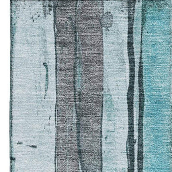 HomeRoots 10' Teal and Gray Striped Area Rug - Washable, UV-Protected, Durable for Busy Homes & Modern Spaces 706487