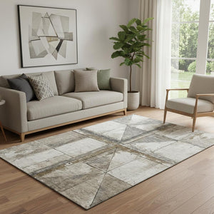 HomeRoots 5' X 8' Beige & Gray Geometric Area Rug - Washable, Stain Resistant, UV Protected for Busy Homes 706489