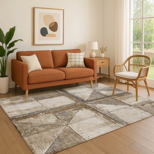 HomeRoots 5' X 8' Beige & Gray Geometric Area Rug - Washable, Stain Resistant, UV Protected for Busy Homes 706489