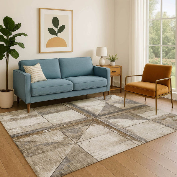 HomeRoots 5' X 8' Beige & Gray Geometric Area Rug - Washable, Stain Resistant, UV Protected for Busy Homes 706489