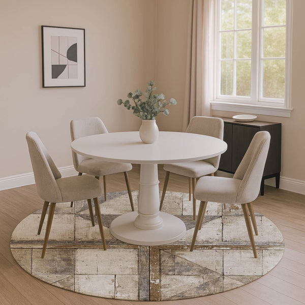 HomeRoots 8' Beige And Gray Geometric Round Rug - Washable, UV Protected, Stain Resistant for High Traffic Areas 706490
