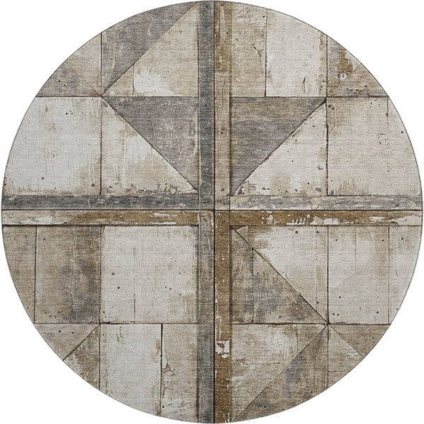 HomeRoots 8' Beige And Gray Geometric Round Rug - Washable, UV Protected, Stain Resistant for High Traffic Areas 706490