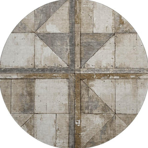 HomeRoots 8' Beige And Gray Geometric Round Rug - Washable, UV Protected, Stain Resistant for High Traffic Areas 706490