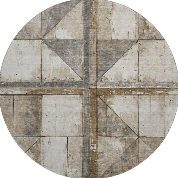 HomeRoots 8' Beige And Gray Geometric Round Rug - Washable, UV Protected, Stain Resistant for High Traffic Areas 706490
