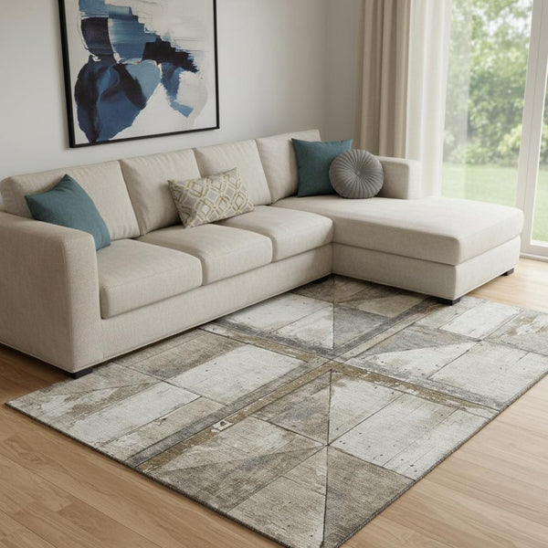 HomeRoots 8' X 10' Beige and Gray Geometric Area Rug - Washable, UV Protected, Non-Slip, Stylish Home Essential 706491