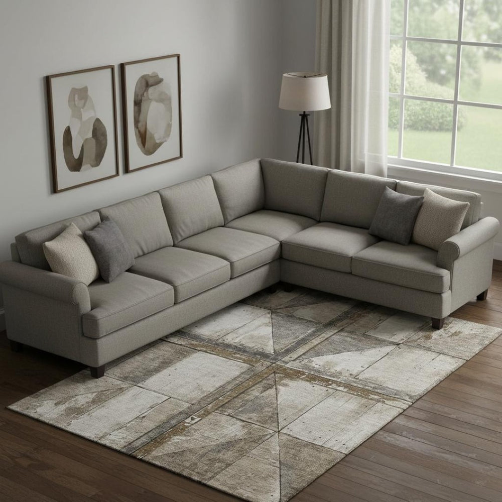 HomeRoots 9' X 12' Beige and Gray Geometric Area Rug - Washable, UV-Protected, Modern Design for High Traffic Areas 706492