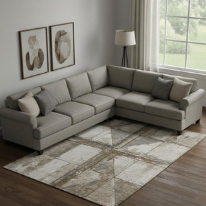 HomeRoots 9' X 12' Beige and Gray Geometric Area Rug - Washable, UV-Protected, Modern Design for High Traffic Areas 706492