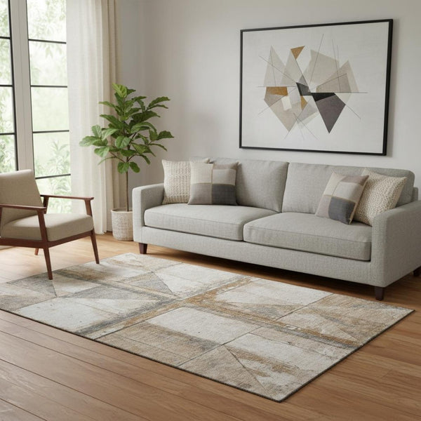 HomeRoots 5' X 8' Copper and Gray Geometric Area Rug - Stylish Washable Design with UV Protection & Durability 706495