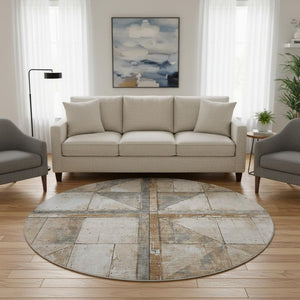 HomeRoots 8' Stylish Copper and Gray Geometric Round Rug - Washable, UV-Protected, Non-Slip for Active Homes 706496
