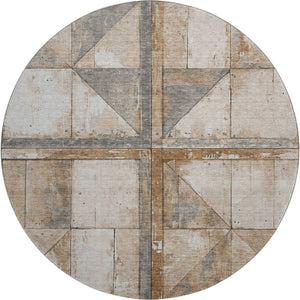 HomeRoots 8' Stylish Copper and Gray Geometric Round Rug - Washable, UV-Protected, Non-Slip for Active Homes 706496