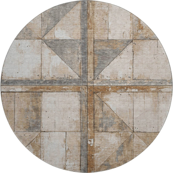 HomeRoots 8' Stylish Copper and Gray Geometric Round Rug - Washable, UV-Protected, Non-Slip for Active Homes 706496