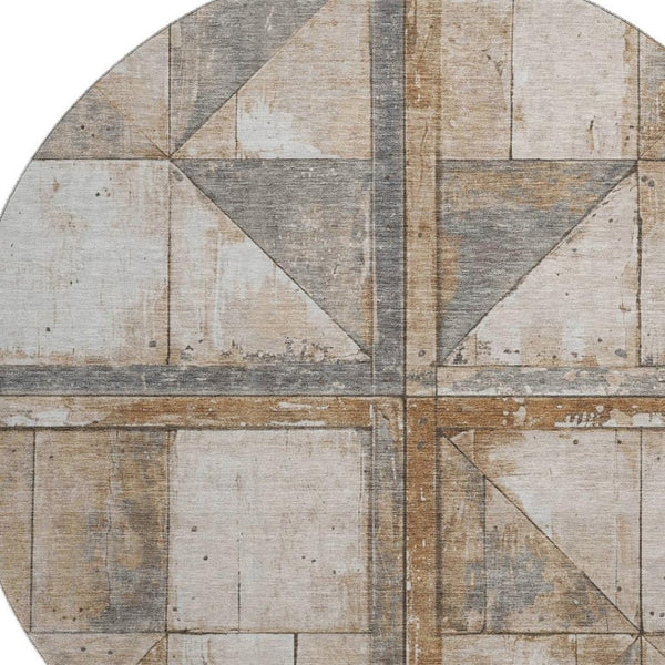 HomeRoots 8' Stylish Copper and Gray Geometric Round Rug - Washable, UV-Protected, Non-Slip for Active Homes 706496