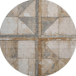 HomeRoots 8' Stylish Copper and Gray Geometric Round Rug - Washable, UV-Protected, Non-Slip for Active Homes 706496