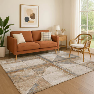 HomeRoots 9' X 12' Stylish Copper and Gray Geometric Area Rug - Washable, UV-Protected, Non-Slip Design 706498