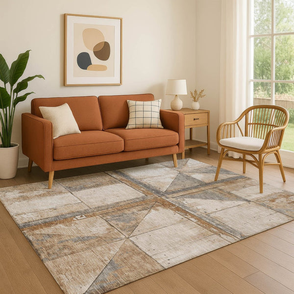 HomeRoots 9' X 12' Stylish Copper and Gray Geometric Area Rug - Washable, UV-Protected, Non-Slip Design 706498