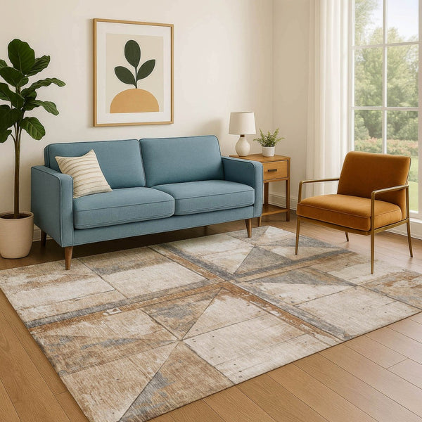 HomeRoots 9' X 12' Stylish Copper and Gray Geometric Area Rug - Washable, UV-Protected, Non-Slip Design 706498