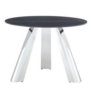 English Elm 42-inch Sintered Stone Round Dining Set with 4 Black PU Chairs, Mirror-Polished Steel Base, Modern Luxury W1512S00115