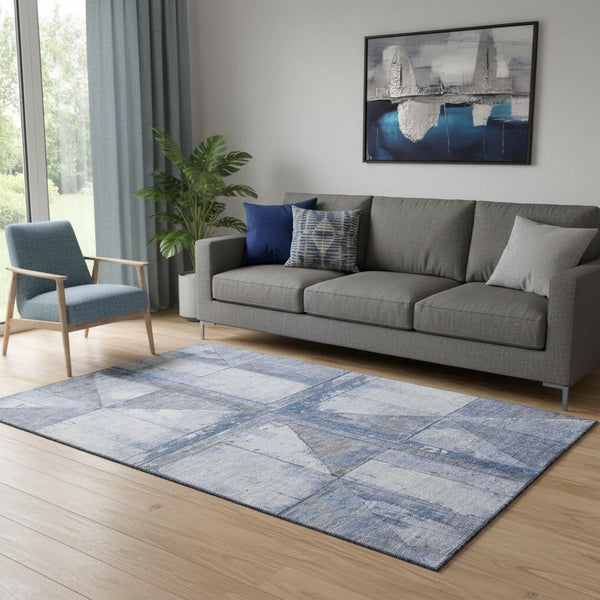 HomeRoots 5' X 8' Stylish Denim Blue & Gray Geometric Washable Area Rug with UV Protection & Non-Slip Backing 706501