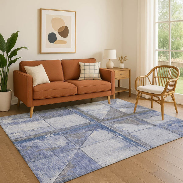 HomeRoots 5' X 8' Stylish Denim Blue & Gray Geometric Washable Area Rug with UV Protection & Non-Slip Backing 706501