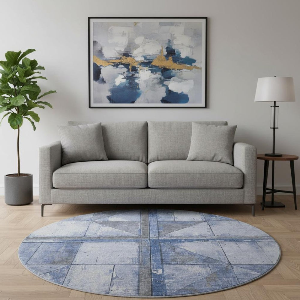 HomeRoots 8' Denim Blue and Gray Geometric Round Rug - Washable, Stain-Resistant, UV-Protected for High-Traffic Areas 706502