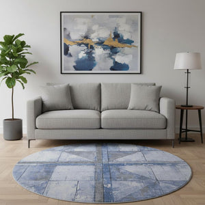 HomeRoots 8' Denim Blue and Gray Geometric Round Rug - Washable, Stain-Resistant, UV-Protected for High-Traffic Areas 706502