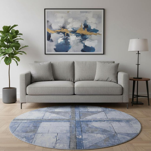 HomeRoots 8' Denim Blue and Gray Geometric Round Rug - Washable, Stain-Resistant, UV-Protected for High-Traffic Areas 706502