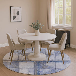 HomeRoots 8' Denim Blue and Gray Geometric Round Rug - Washable, Stain-Resistant, UV-Protected for High-Traffic Areas 706502