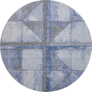 HomeRoots 8' Denim Blue and Gray Geometric Round Rug - Washable, Stain-Resistant, UV-Protected for High-Traffic Areas 706502