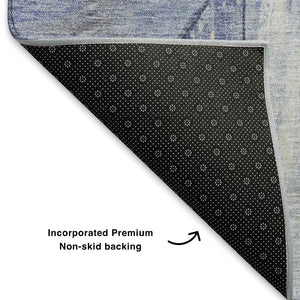 HomeRoots 8' Denim Blue and Gray Geometric Round Rug - Washable, Stain-Resistant, UV-Protected for High-Traffic Areas 706502