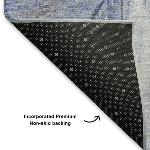 HomeRoots 8' Denim Blue and Gray Geometric Round Rug - Washable, Stain-Resistant, UV-Protected for High-Traffic Areas 706502