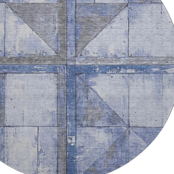 HomeRoots 8' Denim Blue and Gray Geometric Round Rug - Washable, Stain-Resistant, UV-Protected for High-Traffic Areas 706502