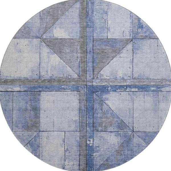 HomeRoots 8' Denim Blue and Gray Geometric Round Rug - Washable, Stain-Resistant, UV-Protected for High-Traffic Areas 706502