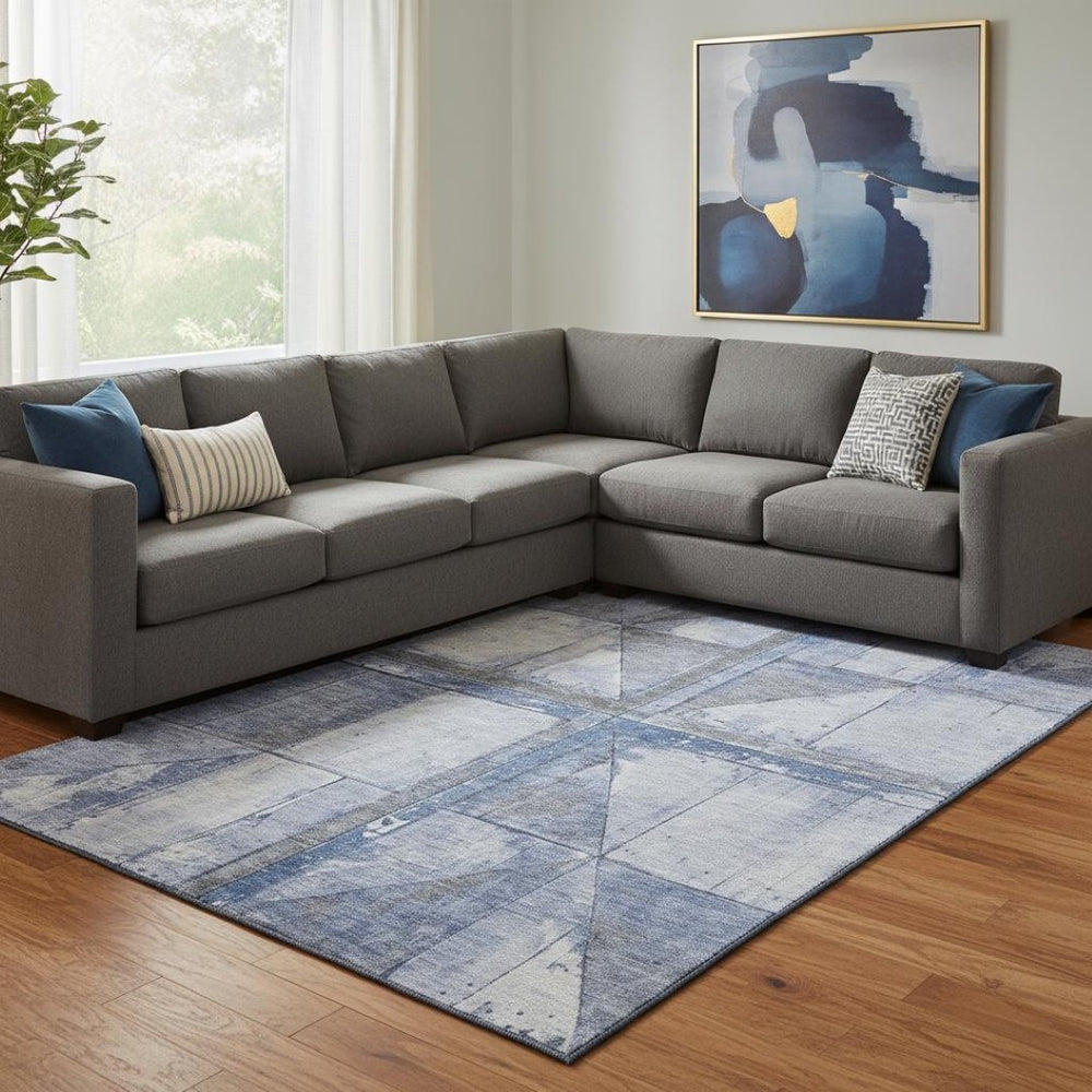 HomeRoots 8' X 10' Denim Blue & Gray Geometric Area Rug - Washable, UV-Protected, Perfect for Busy Homes! 706503