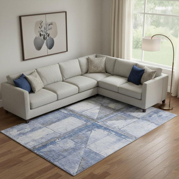 HomeRoots 9' X 12' Denim Blue and Gray Geometric Area Rug – Stylish, Stain-Resistant, Washable & UV Protected! 706504